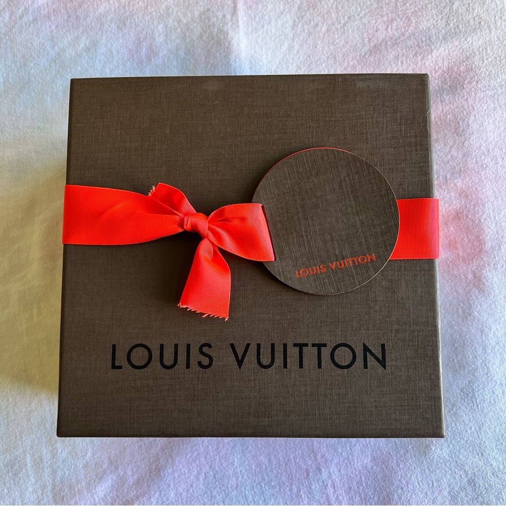 Louis Vuitton Small Signature Brown Box with Wide Orange Red Ribbon and Card